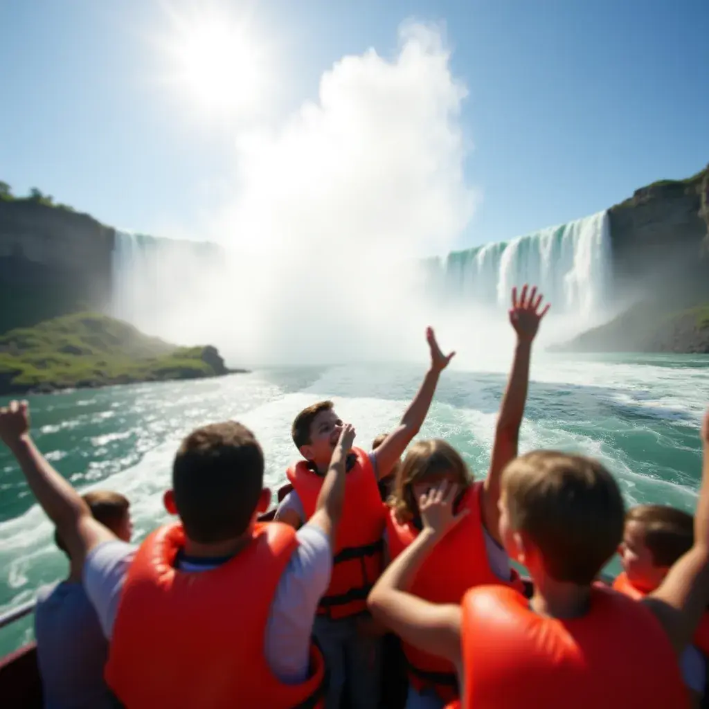 Семья, наслаждающаяся прогулкой на лодке вблизи водопадов.