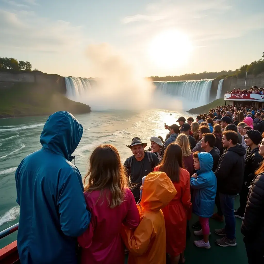 Вид на водопады Ниагара с яркой радугой в небе.